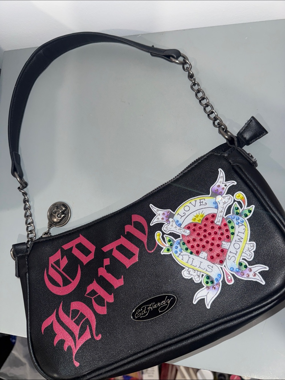 Ed Hardy Black Shoulder Bag with Pink Logo and Multicolor Heart Patch